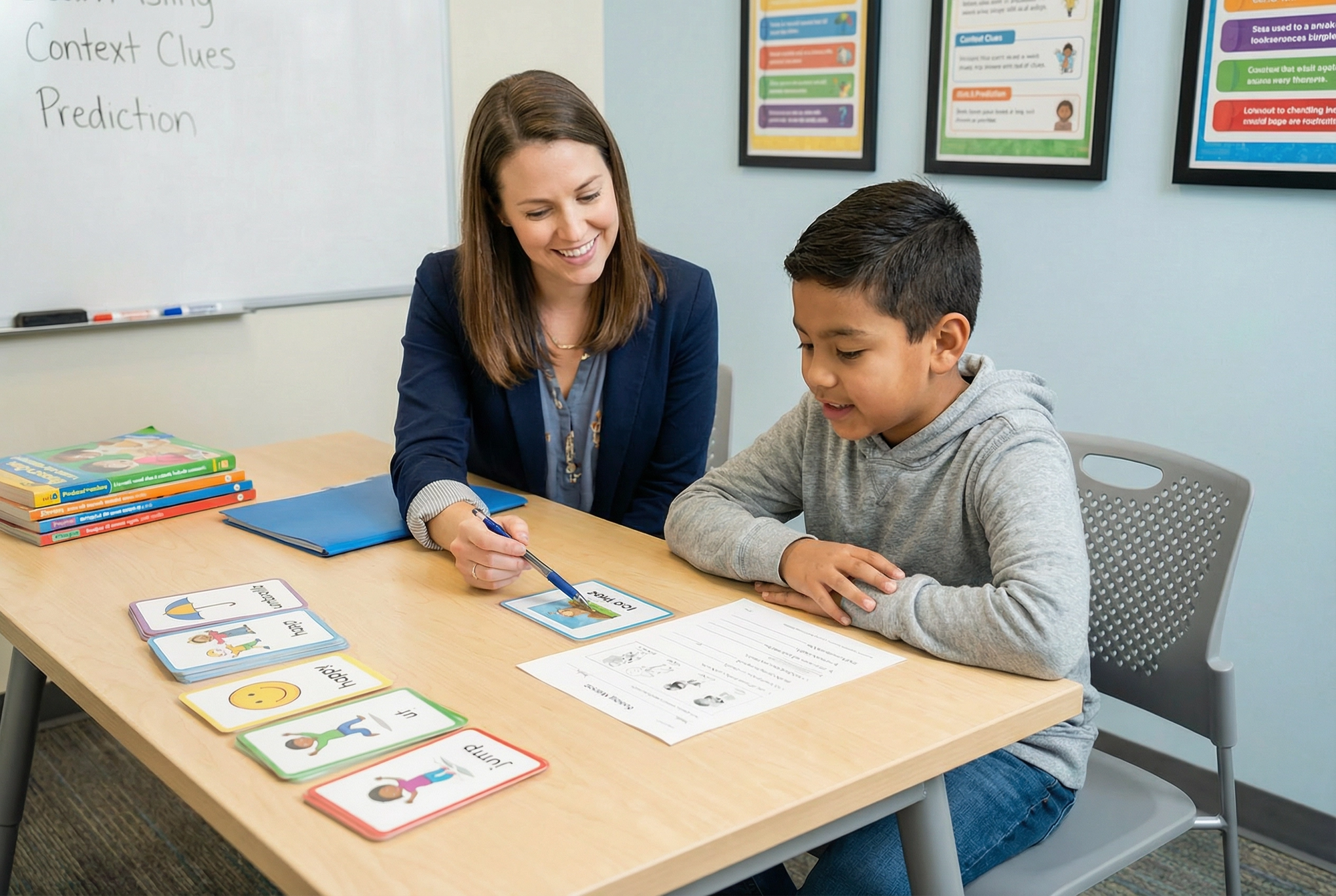 Teacher working one-on-one with a young student on structured literacy reading intervention